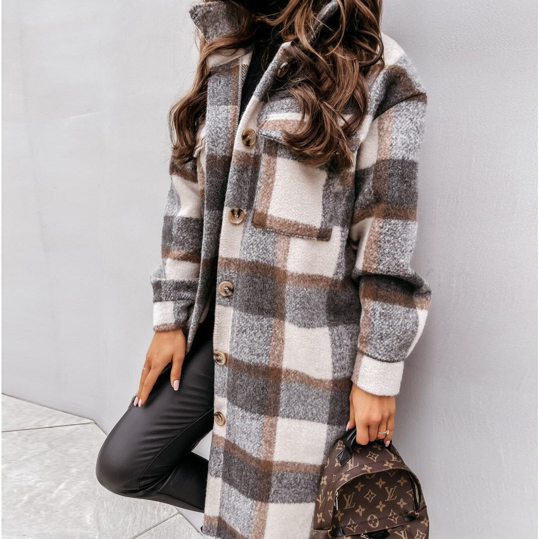 Elegant women's long checked coat for stylish winter fashion. Warm & versatile outerwear.