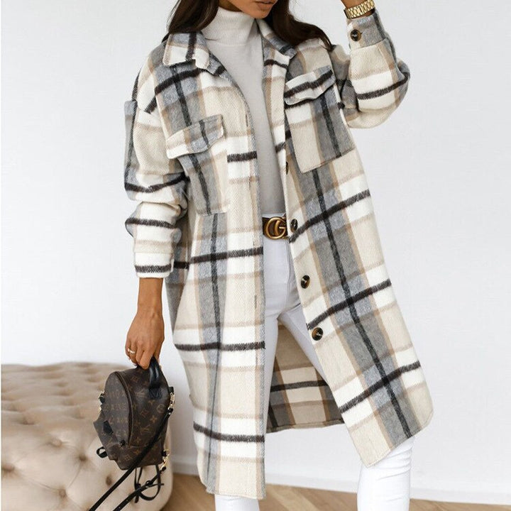 Long women's Vivian checked coat, a warm and comfortable piece of elegant winter outerwear.