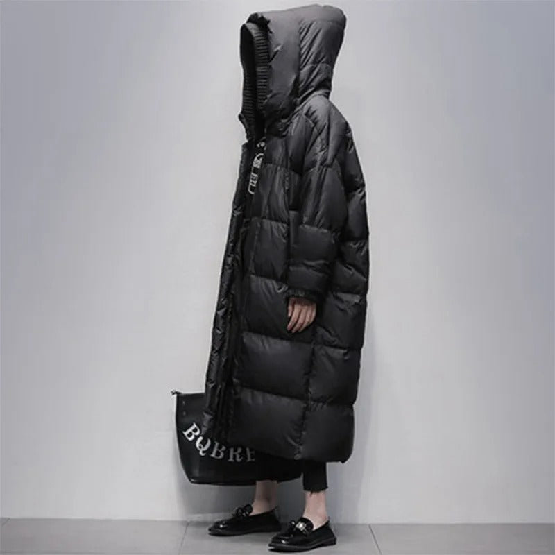 Elegant Amara women's long padded jacket. A chic & warm winter coat, perfect for stylish cold weather fashion.