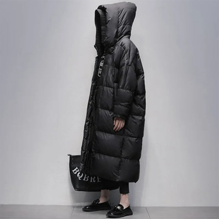 Elegant Amara women's long padded jacket. A chic & warm winter coat, perfect for stylish cold weather fashion.