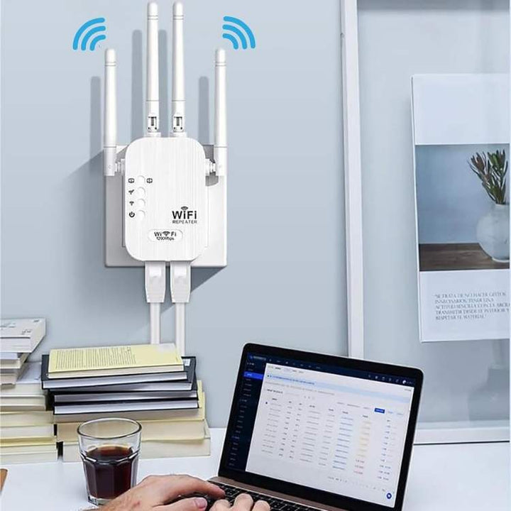 Powerful outdoor WiFi booster and wireless repeater for extending 5G signal across home & garden.