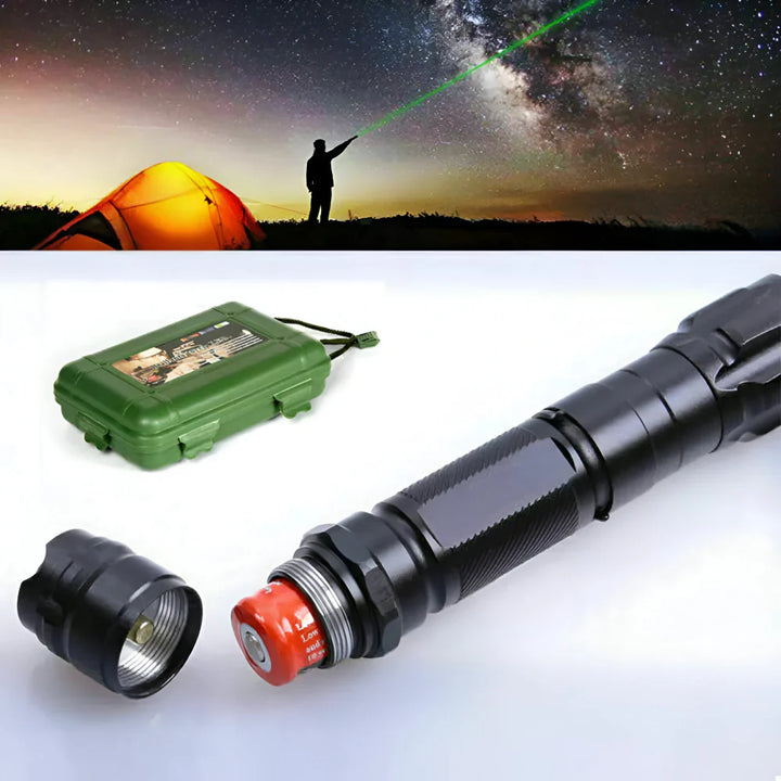 Close-up of the powerful beam from a green laser pointer