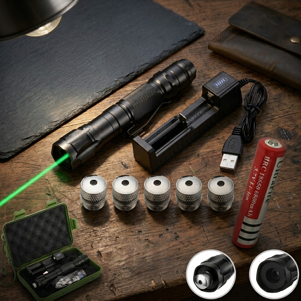 User holding a sleek, rechargeable green laser pointer for presentations