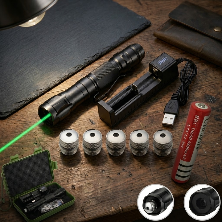 User holding a sleek, rechargeable green laser pointer for presentations