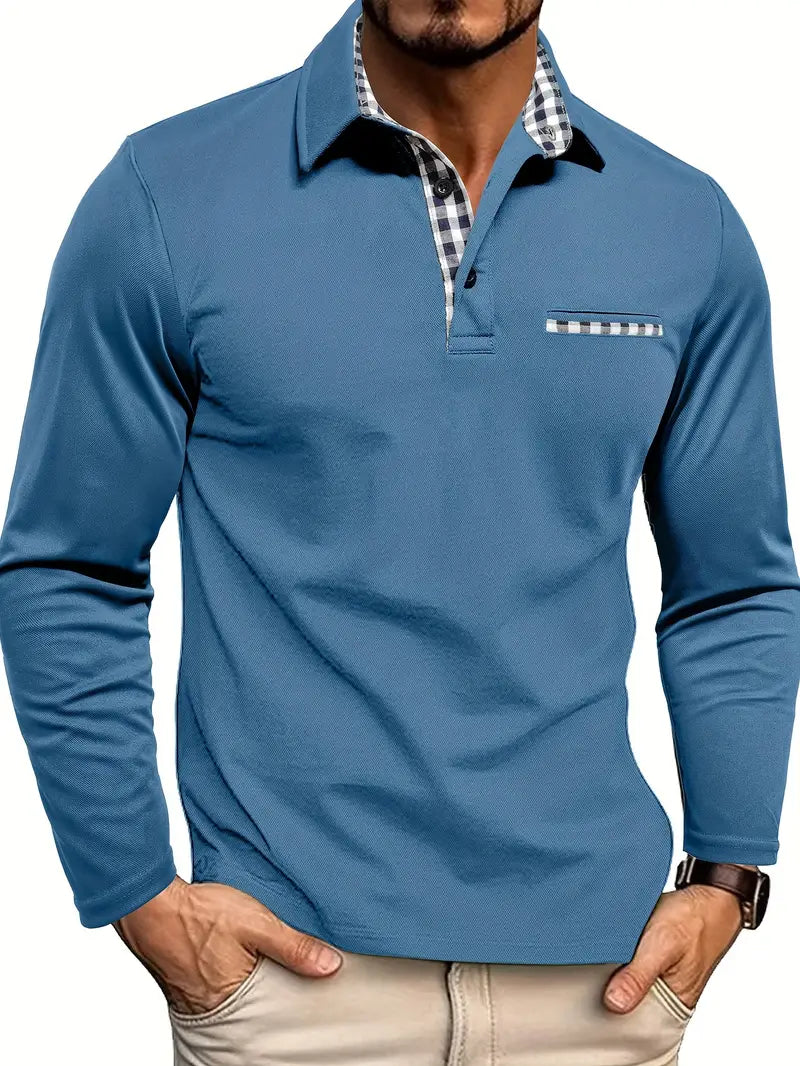Stylish men's long sleeve collared polo shirt. Versatile everyday wear, perfect for smart casual outfits.