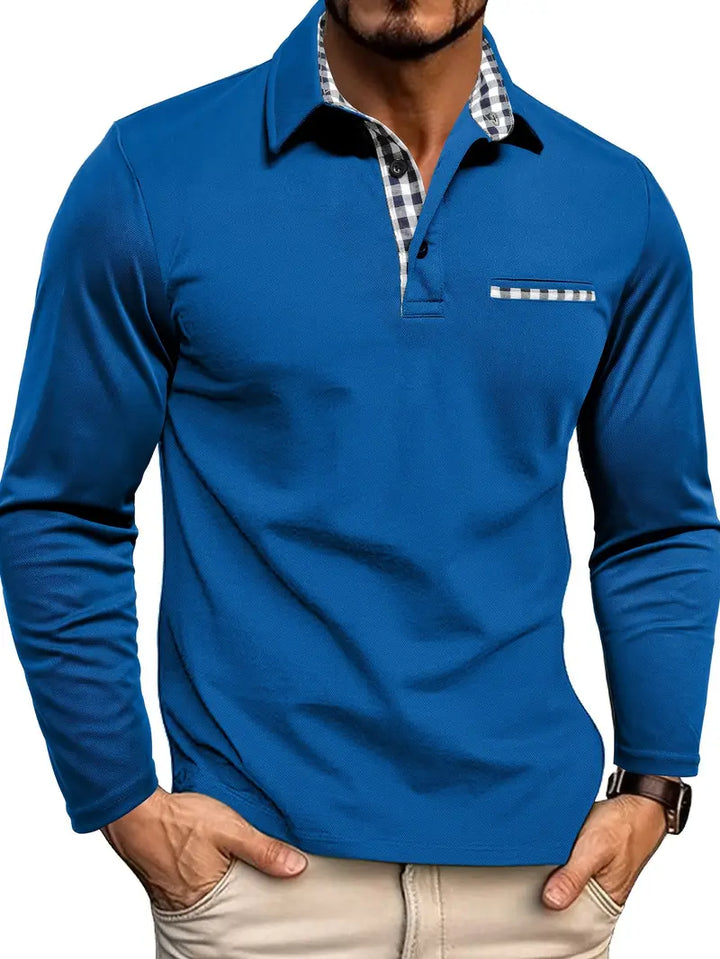 Men's long sleeve polo. Classic button-down collared shirt, offering smart casual style & comfort for menswear.