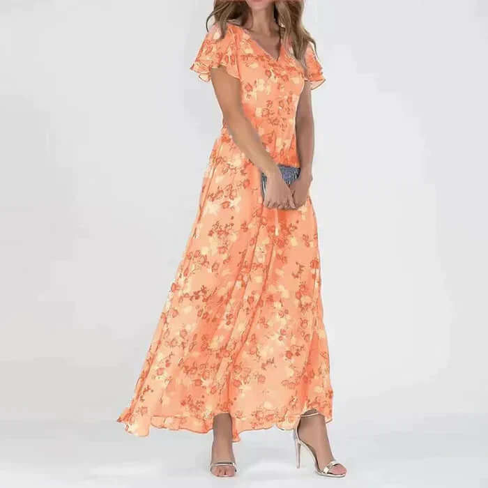 Comfortable women's long floral summer dress. Casual maxi for spring fashion, vacation, or daily wear.