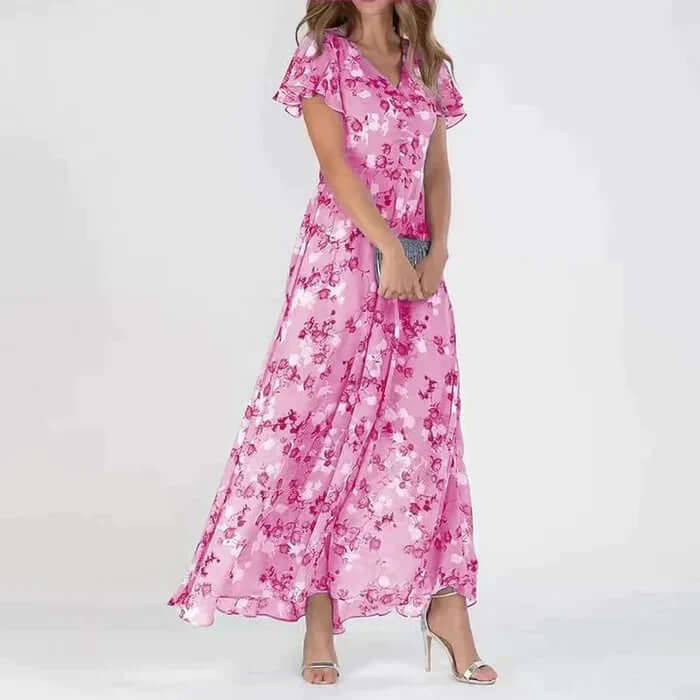 Flattering long floral maxi dress for women. Elegant summer party dress, also great for vacations.