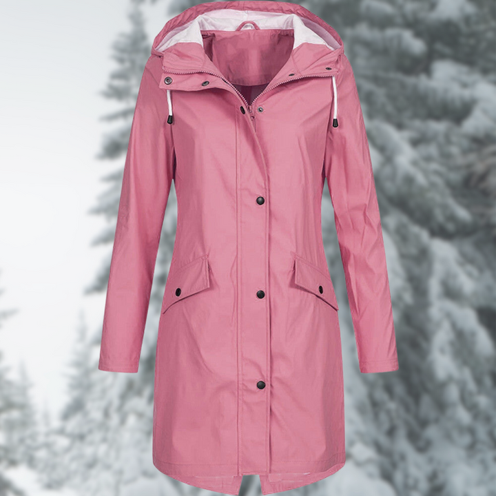 Fashionable women's long waterproof rain jacket, with an adjustable hood. Perfect for stylish and practical rainwear.