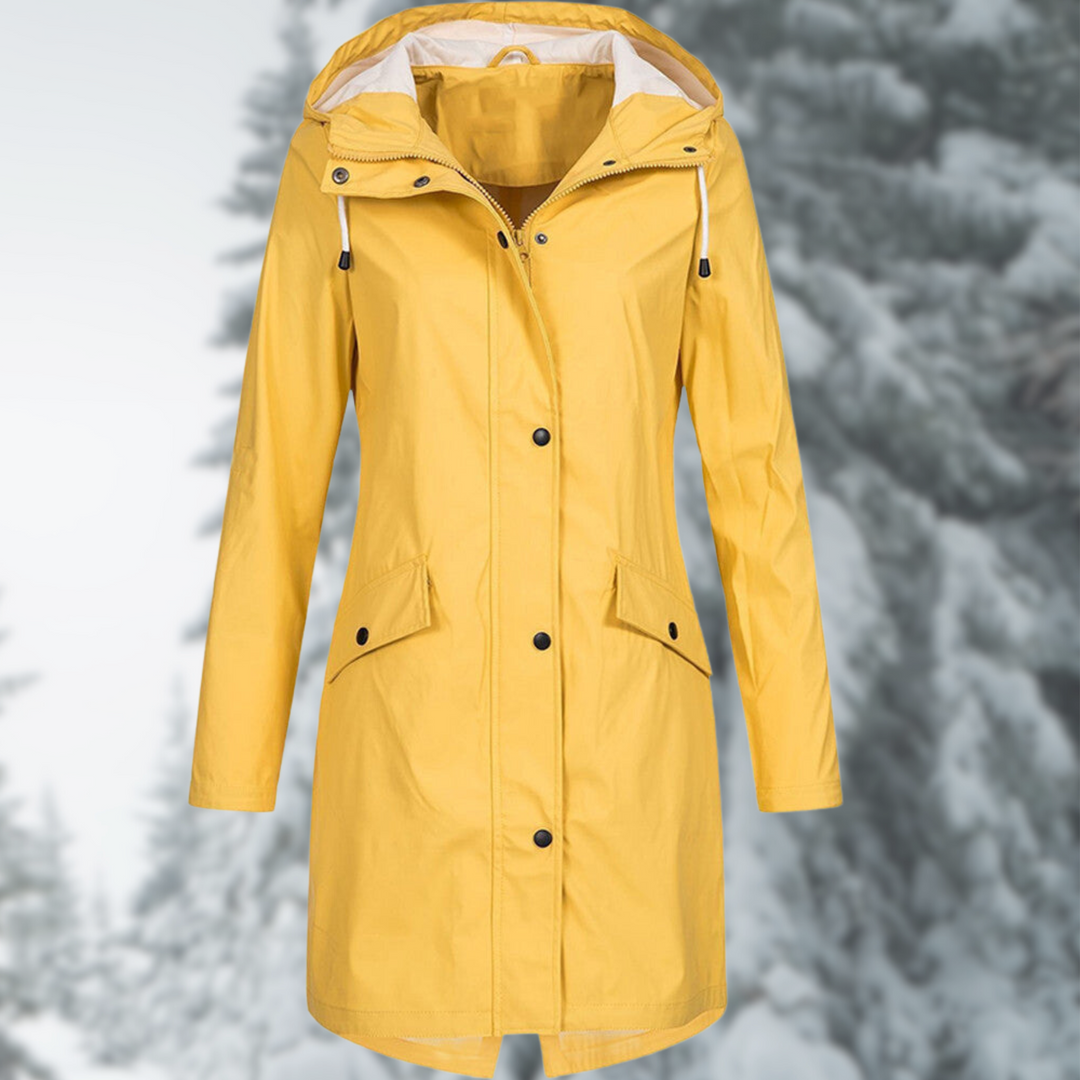 Stylish long waterproof women's raincoat with adjustable hood, ideal for elegant all-weather protection & rain gear.