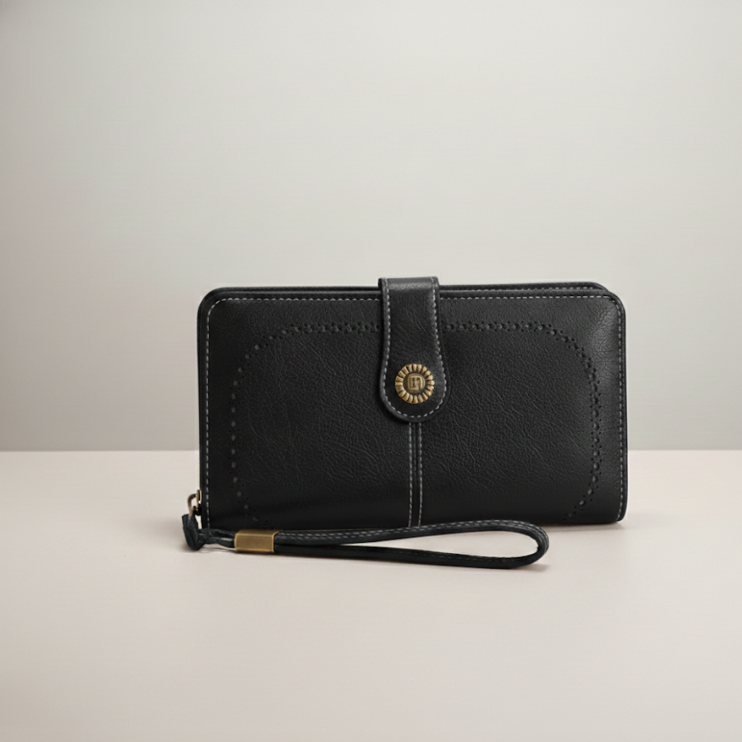 Unisex long zip wallet with RFID protection, made from durable PU leather. Secure card & phone organizer.
