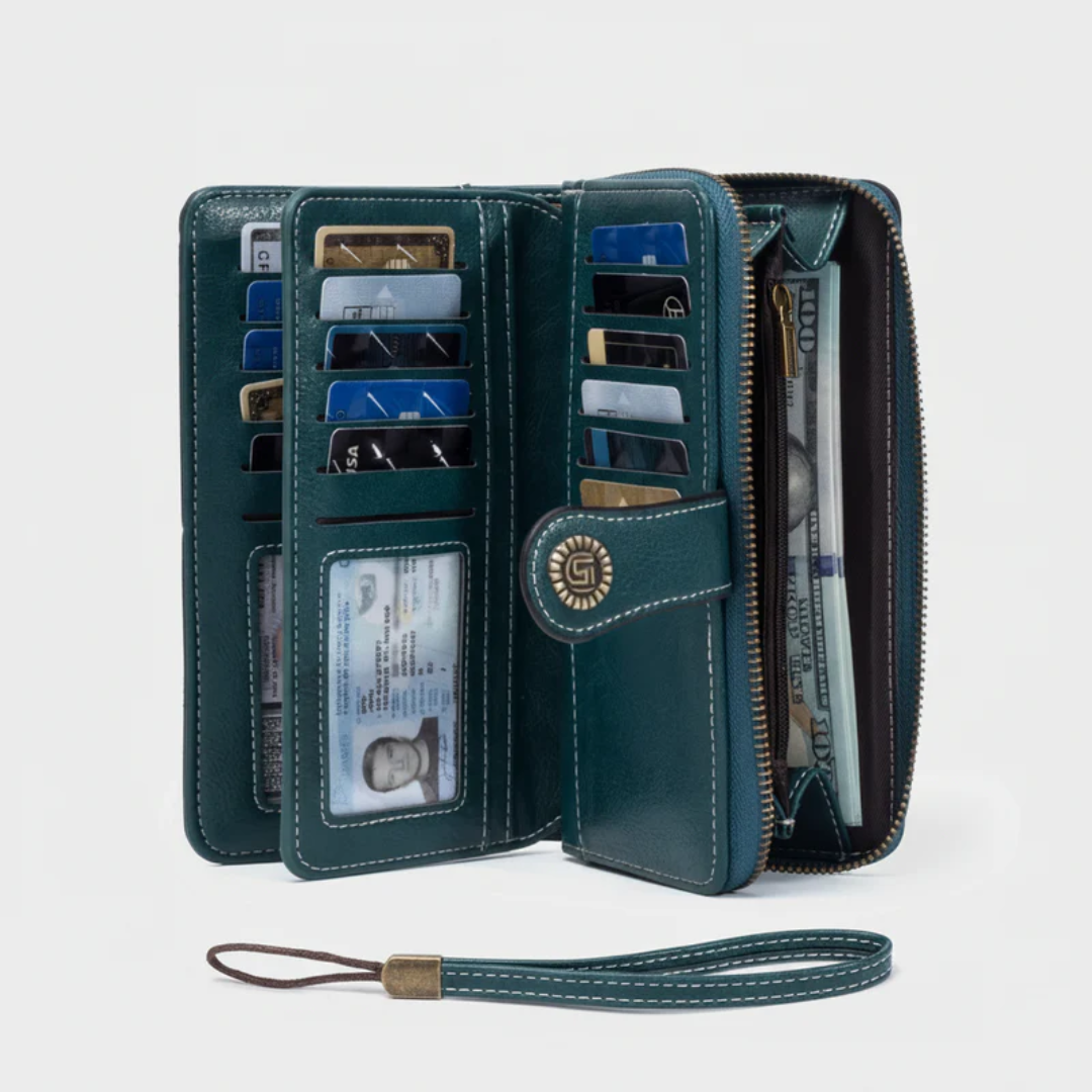 Internal view of a black PU leather long zip wallet, showing RFID protected card slots and phone compartment.