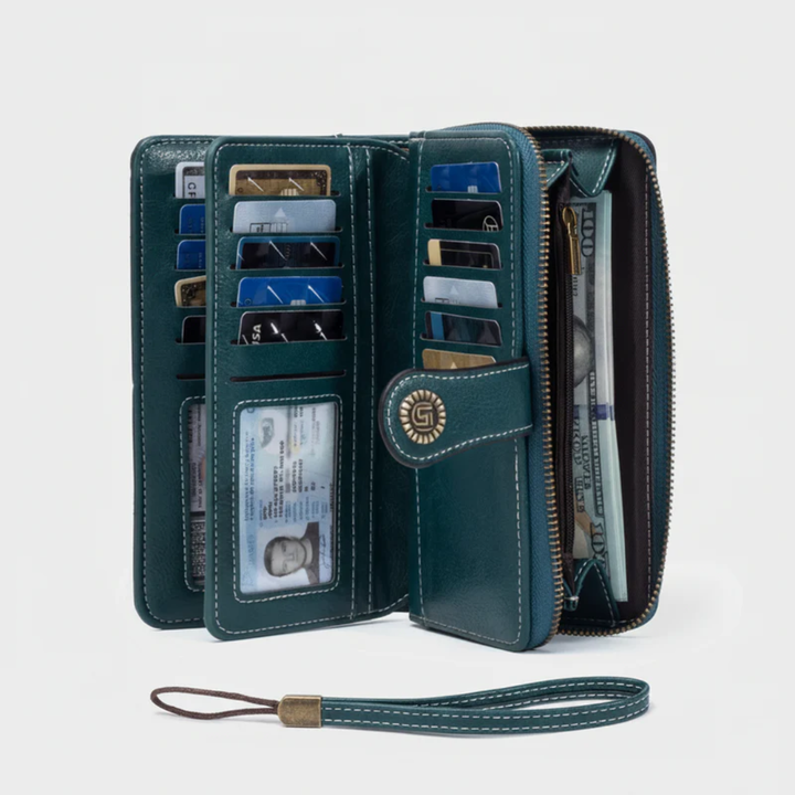 Internal view of a black PU leather long zip wallet, showing RFID protected card slots and phone compartment.