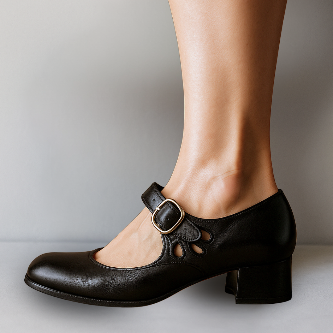Close-up of Marisole women's ankle strap Mary Jane pumps, highlighting the stylish buckle and rounded toe design.