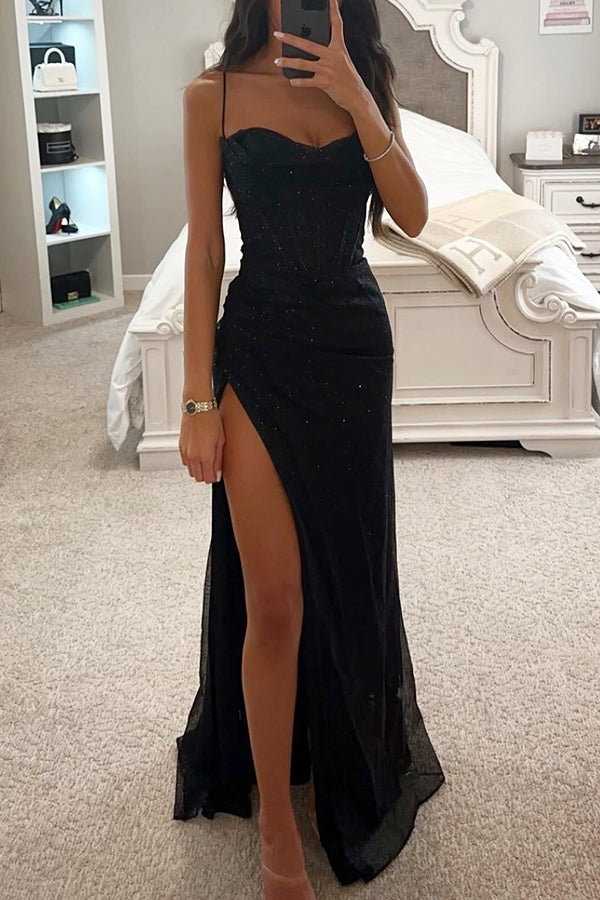 Elegant women's sequin corset maxi dress with a high slit, perfect for evening parties & special occasions.