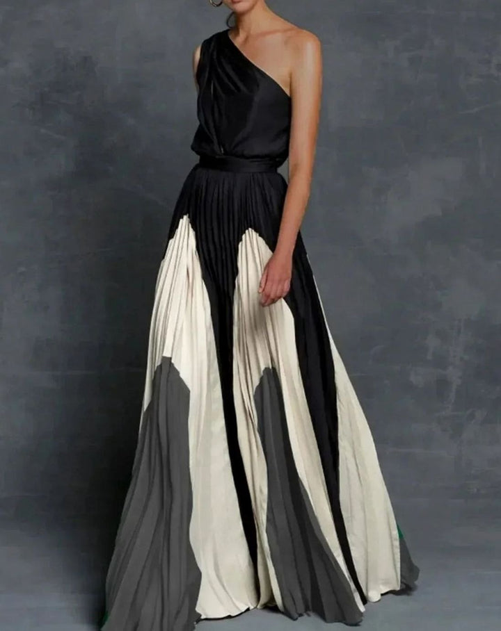 Formal women's one-shoulder pleated maxi dress featuring an elegant design, ideal as an evening gown or gala dress.