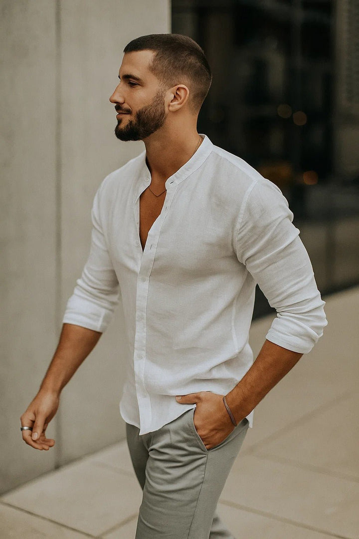 Stylish men's casual long sleeve shirt with grandad collar. Perfect relaxed fit for summer fashion & resort wear.
