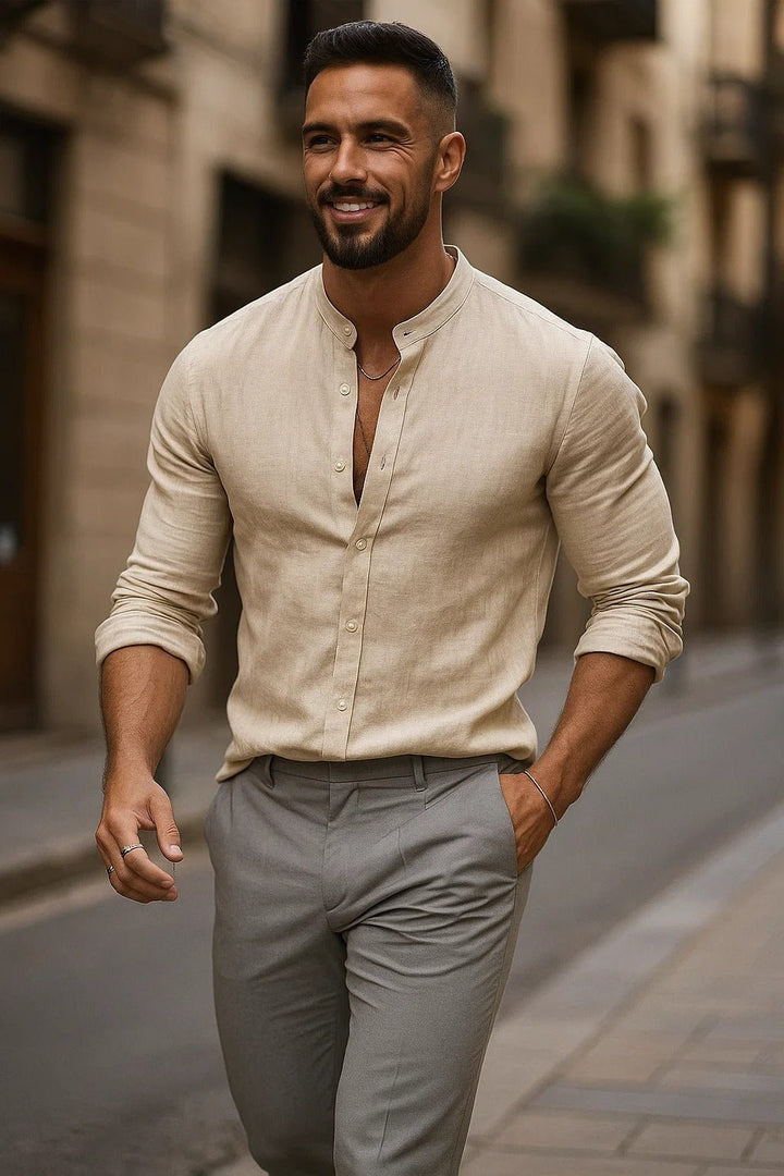Men's long sleeve grandad collar casual shirt. Relaxed fit button-up, great for warm weather & summer style.