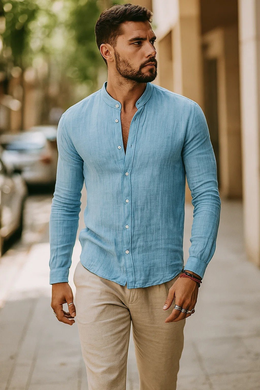 Versatile men's relaxed long sleeve grandad collar shirt. Casual button-up for summer fashion, resort & everyday wear.