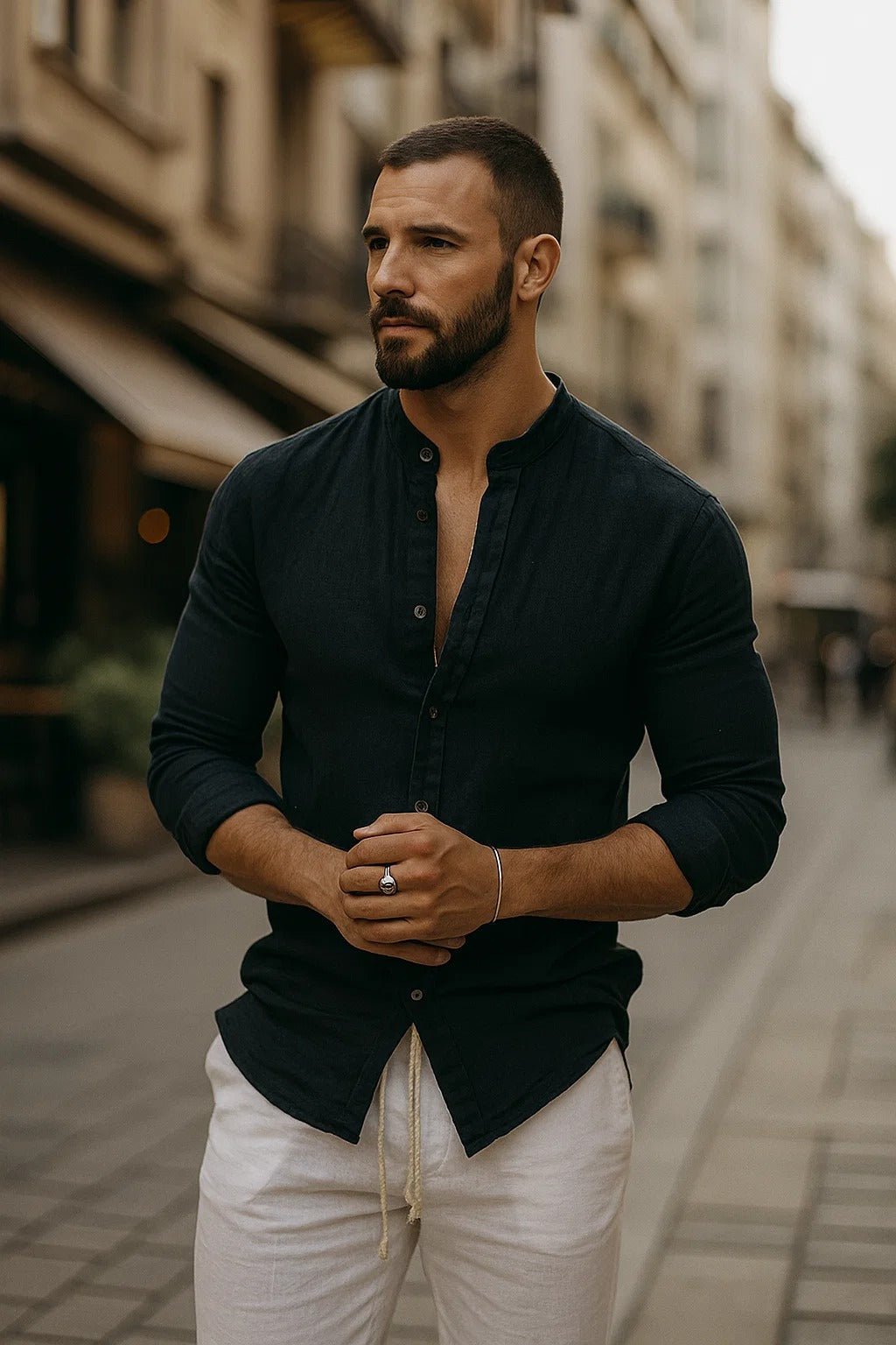 Men's relaxed casual long sleeve shirt. Features a trendy grandad collar & button-up design, ideal for summer fashion.
