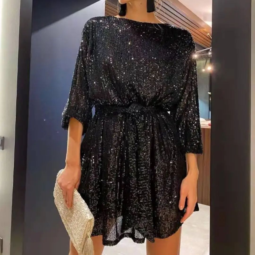 Louise Glitter Glamour sequin dress. Women's sparkling knee-length party dress for evening and special occasions.