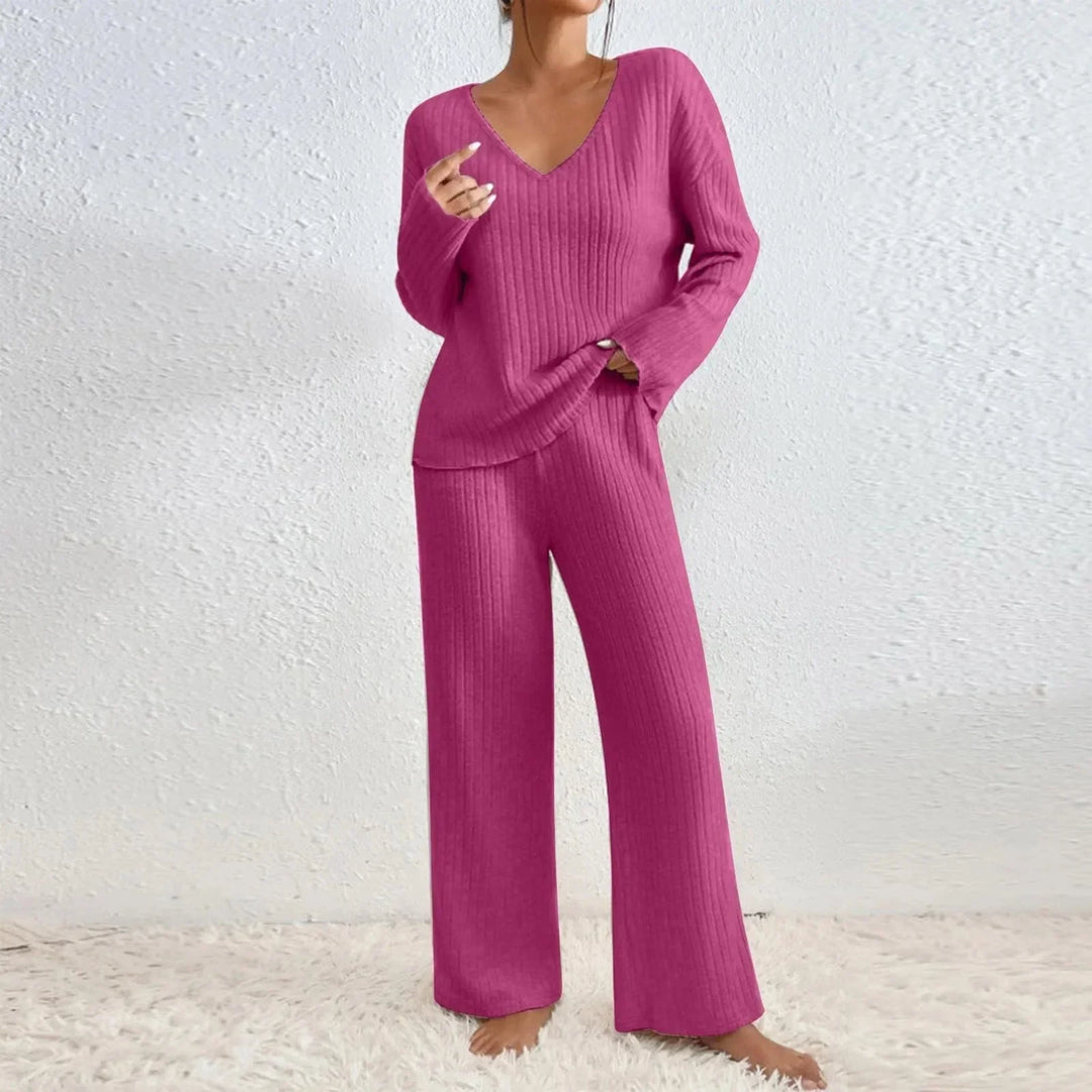 Casual everyday women's loungewear set. Includes a comfortable V-neck top & relaxed wide leg pants for home.