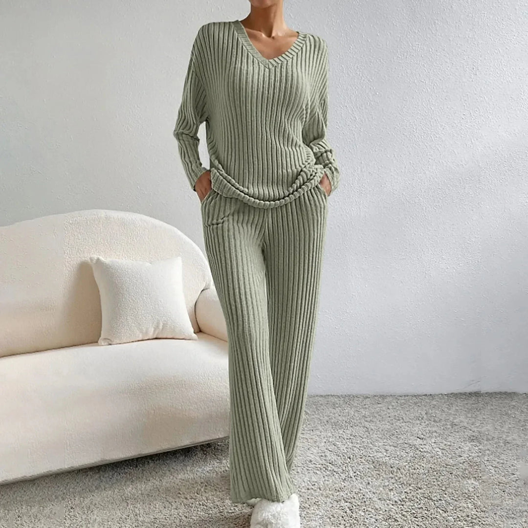 Soft women's comfort wear set, featuring a cozy V-neck top and flowy wide leg pants for loungewear.