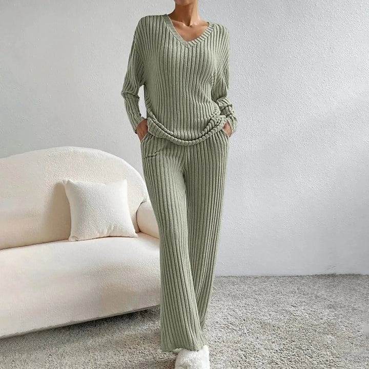 Soft women's comfort wear set, featuring a cozy V-neck top and flowy wide leg pants for loungewear.