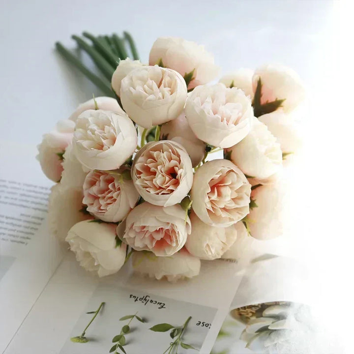 Vibrant multi-color artificial peony bridal bouquet, 27 heads. Ideal wedding flowers & arrangements.