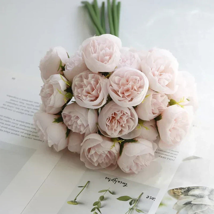 Elegant fake peony bouquet, 27 multi-color heads, a beautiful silk flower for home decor accents.