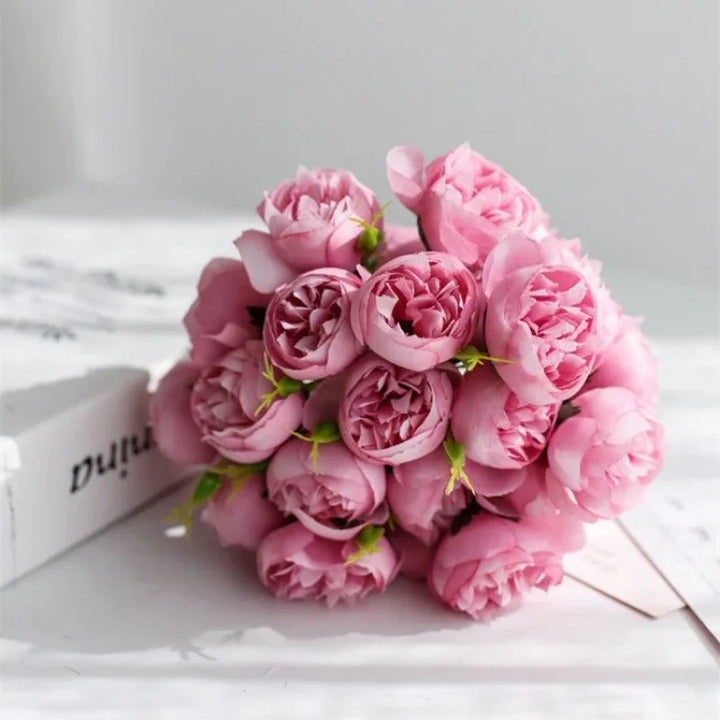 Romantic multi-color silk peony bouquet, 27 heads, perfect for special occasions & event decor.