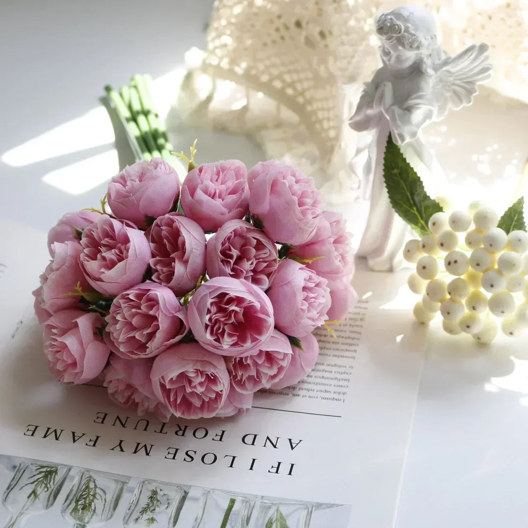 Multi-color artificial peony centerpiece bouquet, 27 heads. Perfect silk flowers for tables & events.