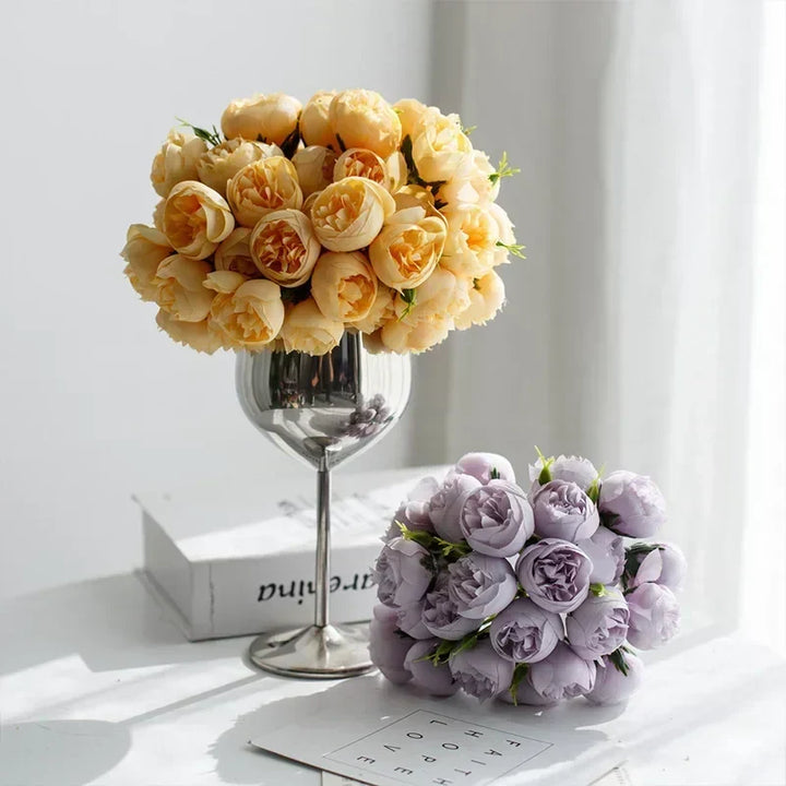 Vivid multi-color artificial silk peonies, 27 heads, a full and lush fake flower bouquet for decor.