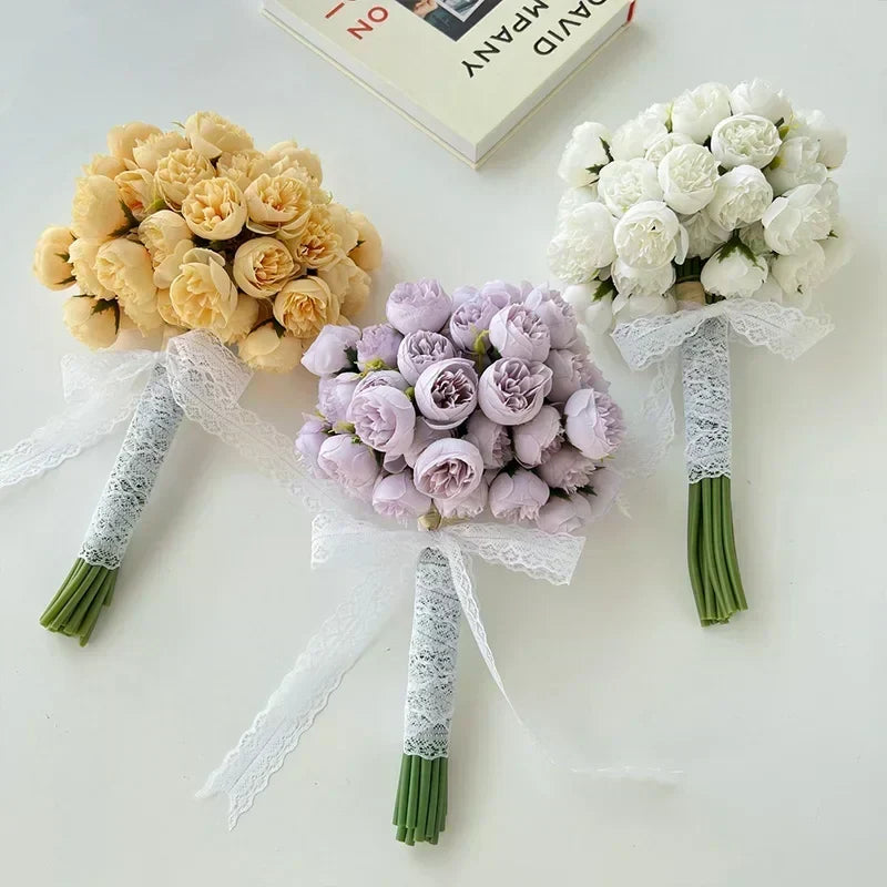 Artificial silk peony bridal bouquet, 27 multi-color heads, ideal for wedding flowers & home decor.