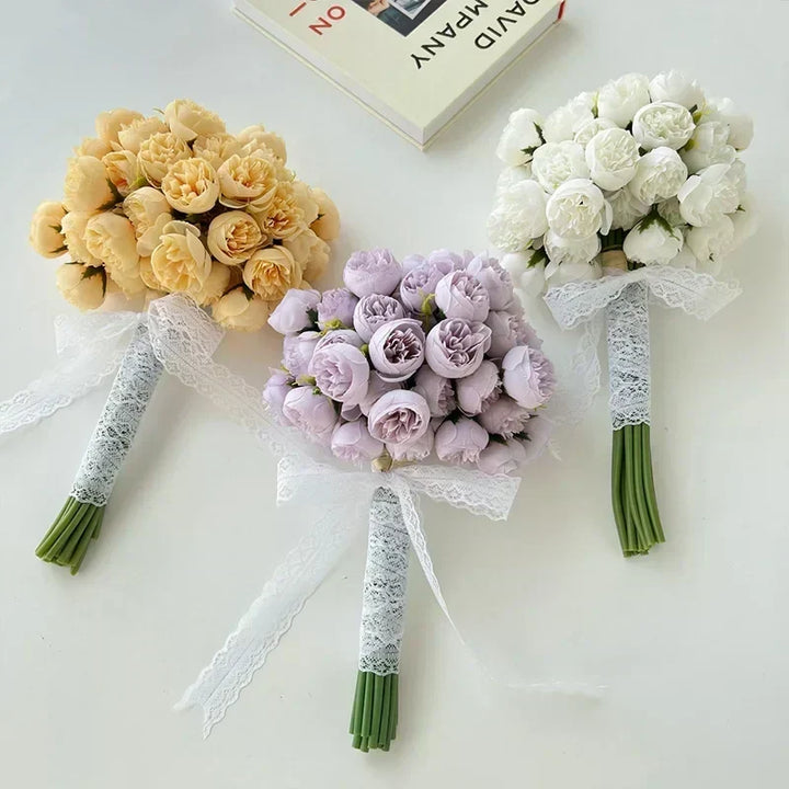 Artificial silk peony bridal bouquet, 27 multi-color heads, ideal for wedding flowers & home decor.