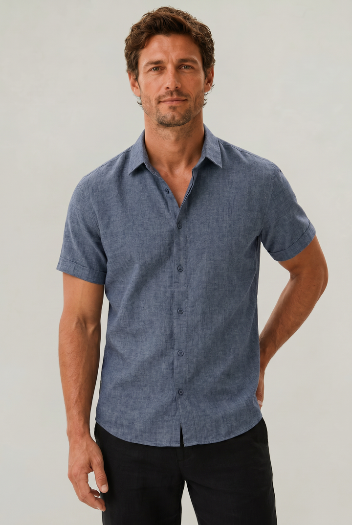 Men's stylish textured short sleeve shirt, perfect for casual summer wear & warm weather.
