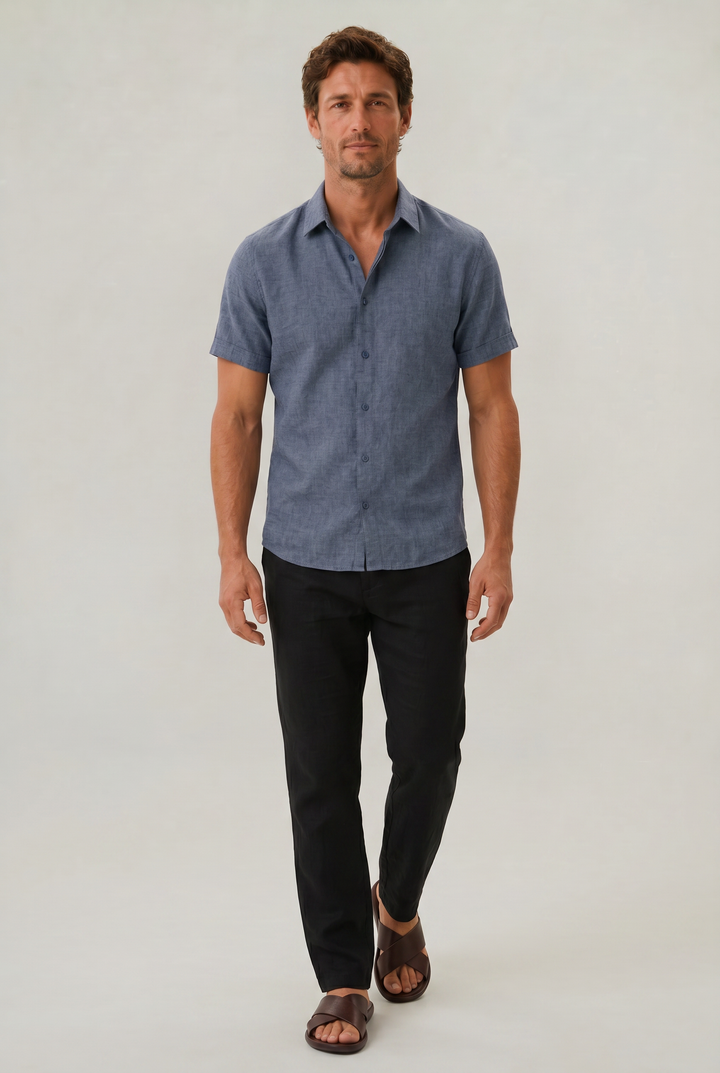 Smart casual men's button-up short sleeve shirt with a stylish texture for summer menswear.