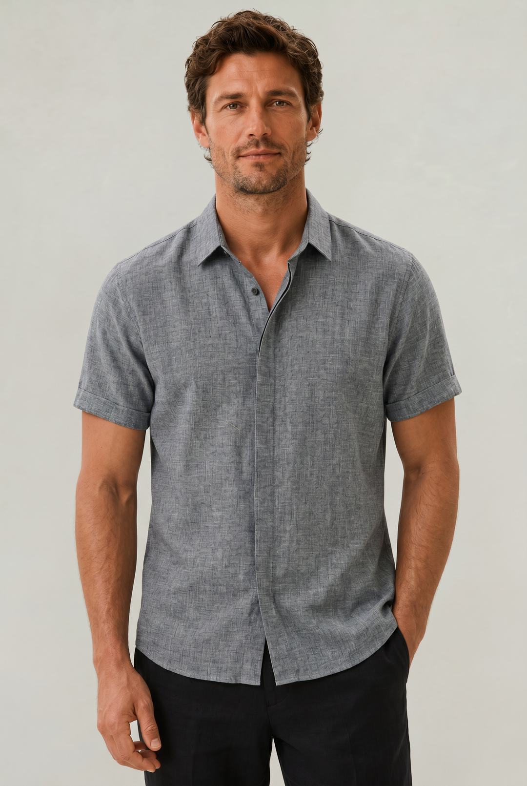 High-quality men's textured short sleeve shirt, designed for comfort & stylish warm-weather fashion.