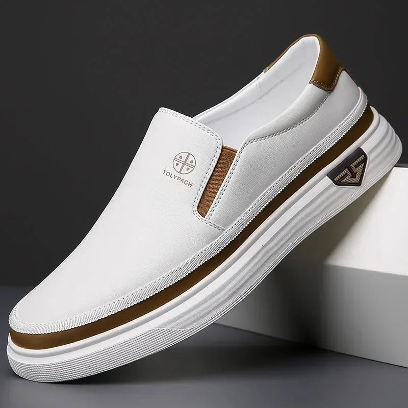 White Men's Refined Cushioned Orthopedic Slip-On Walking Shoes, smart casual & supportive.