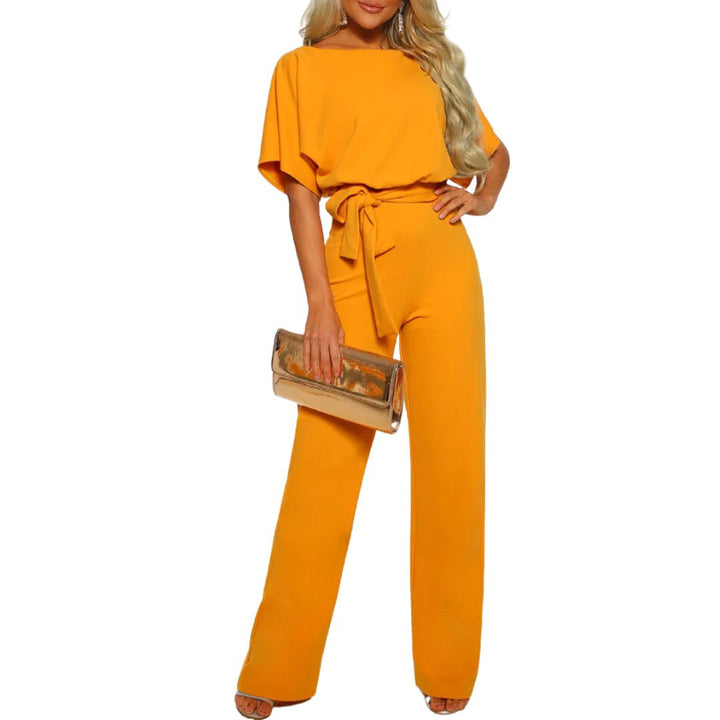 Elegant Lucille women's jumpsuit with lace-up detail & short sleeves. Perfect chic streetwear or warm weather outfit.