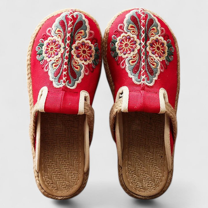 Lucinda | Women's Floral Embroidered Flat Mules - Red - Image 1