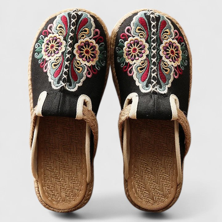 Lucinda | Women's Floral Embroidered Flat Mules - Red - Image 3