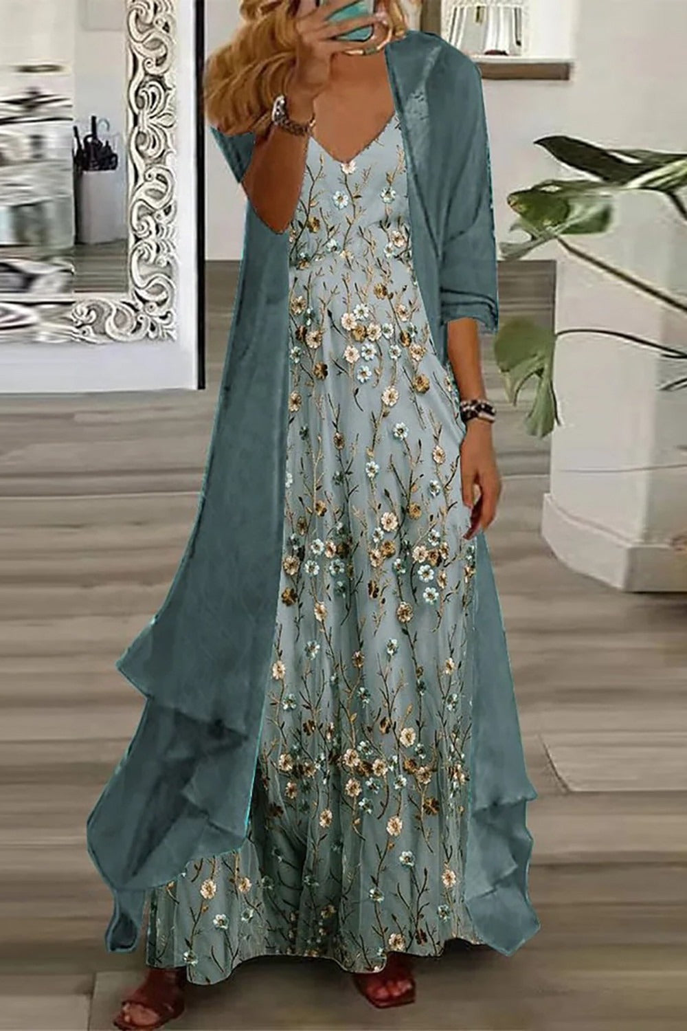 Elegant women's green floral V-neck maxi dress set with matching cardigan for spring/summer occasion wear.
