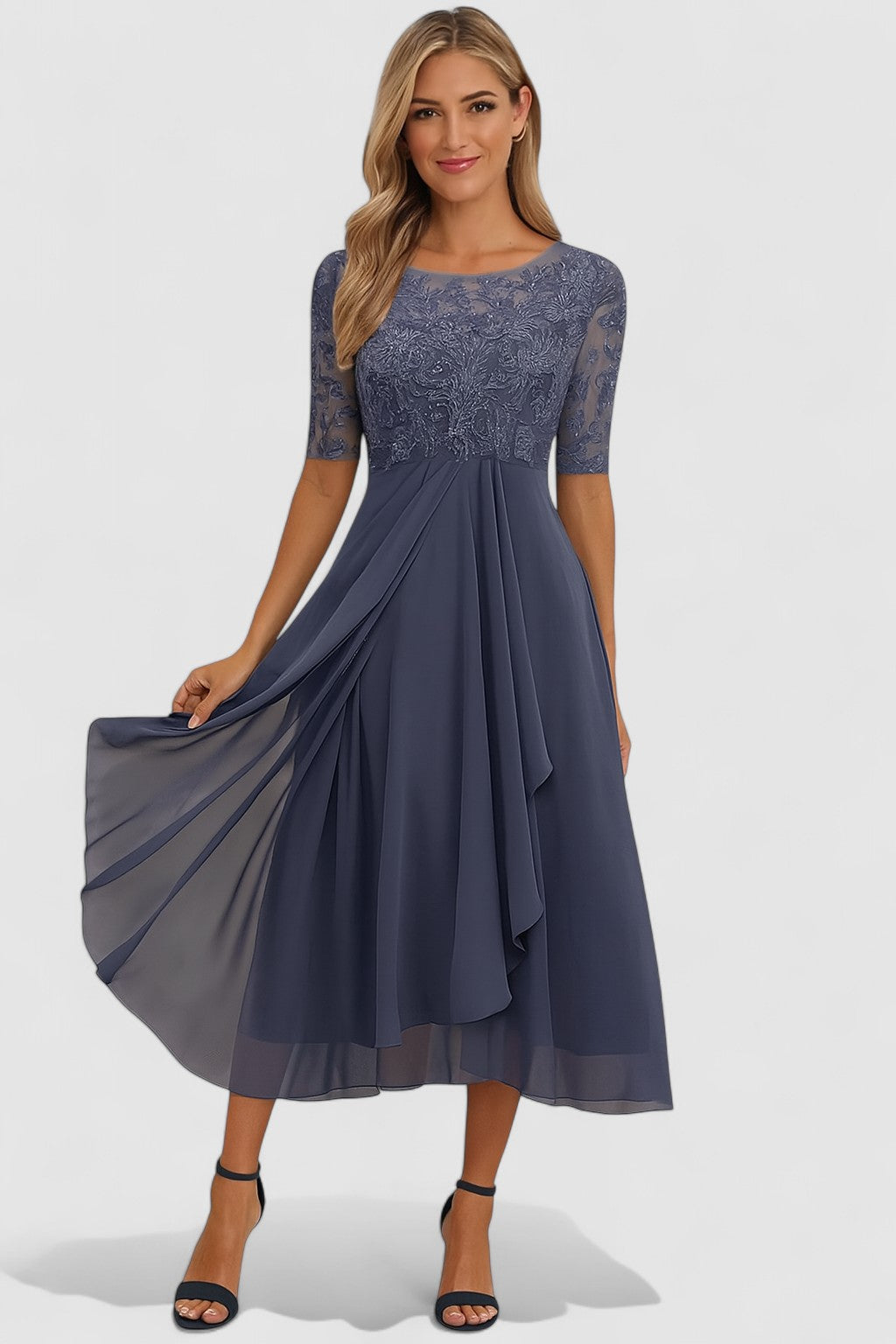Chic daytime dress for women, featuring exquisite embroidery and a stylish draped skirt. Perfect for events.
