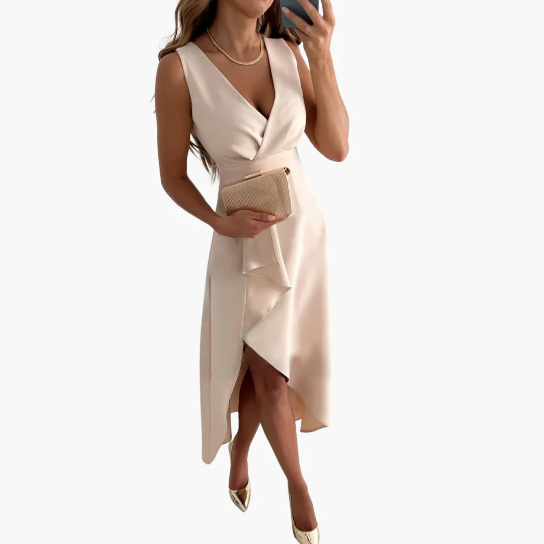 Elegant women's beige relaxed wrap V-neck midi dress with ruffled hem, perfect for races or special occasions.