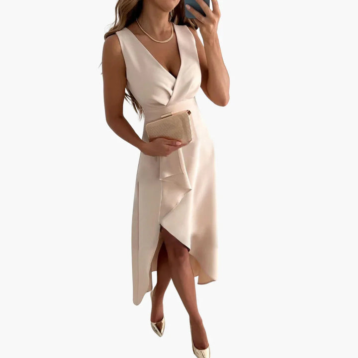 Elegant women's beige relaxed wrap V-neck midi dress with ruffled hem, perfect for races or special occasions.