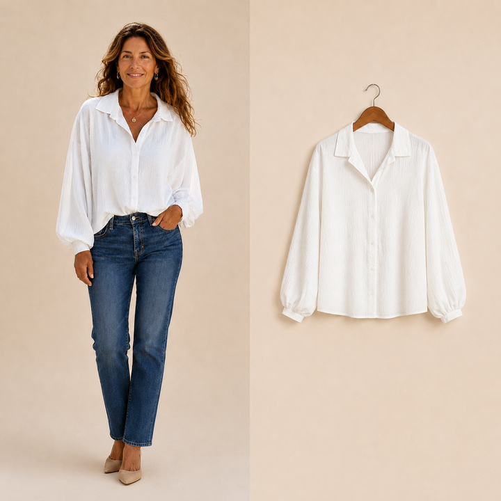 Relaxed fit women's button-down shirt with long sleeves & collar. Versatile top for casual or everyday wear.