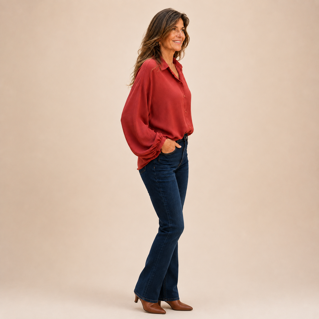 Women's billowy long sleeve button-down blouse. Relaxed collared shirt, a stylish and versatile everyday top.