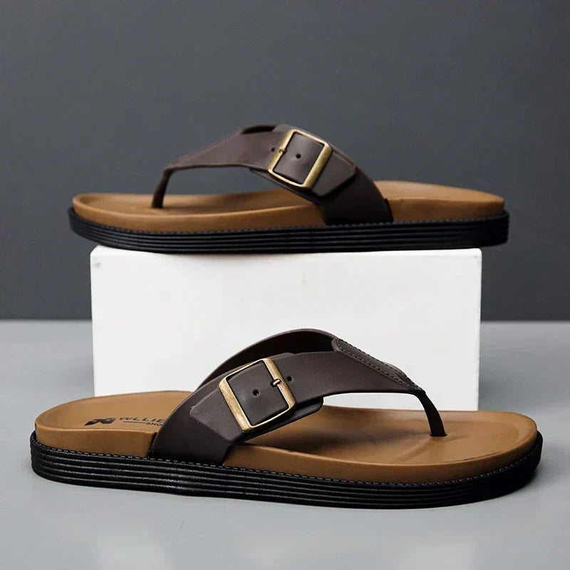 Versatile men's thong slides with buckles, great for beachwear, poolside, or everyday summer style.