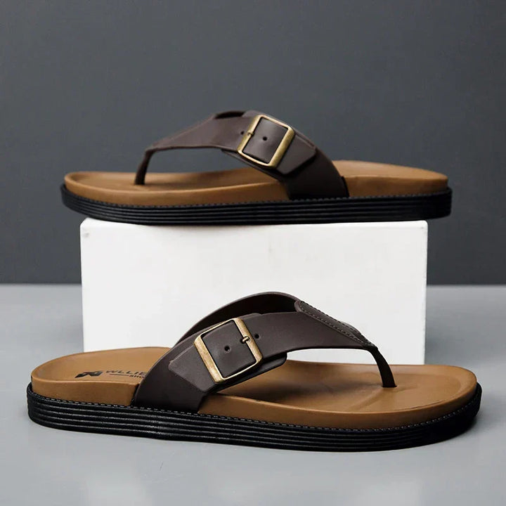 Versatile men's thong slides with buckles, great for beachwear, poolside, or everyday summer style.